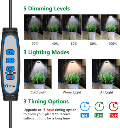 Clip on Grow Light, 6000K Halo Plant Lights for Growing Small Plants, LED Full Spectrum Grow Lamp with 6/12/16H Timer, 5 Dimmable, 3 Modes, 2 Installation Options Clip or Plug