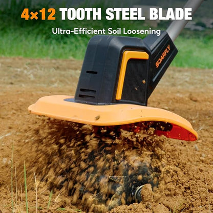 Upgraded Cordless Tiller for Gardening with 8.0Ah (2×4.0Ah Batteries), 48 Steel Tines Battery Rototiller, 9" Width 6.6" Depth Garden Tiller Cultivator for Soil, Tending & Composting (Orange)