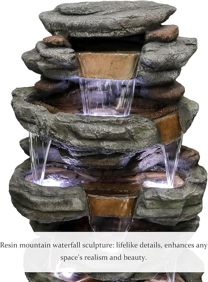 SunJet 47.2" High 6-Tiers Cascading Rock Outdoor Water Fountain with LED Lights - Large Outdoor Fountains and Waterfalls for Garden or Patio, Yard, and Deck Decor, Featuring Natural Stone Look