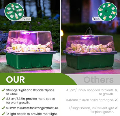 MIXC Seed Starter Kit with Grow Light, Elevated Seedling Tray Kit with Adjustable Humidity Dome and Clear Cell Tray, 12 Full Spectrum Led Beads for Seed Starting Greenhouse, 4 Pack, Green