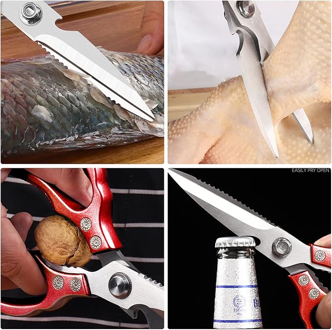 Heavy Duty Sharp Kitchen Scissors, Dishwasher Safe, Cooking Shears for Meat, Chicken, Fish, Poultry, Herb, Bread (Red)