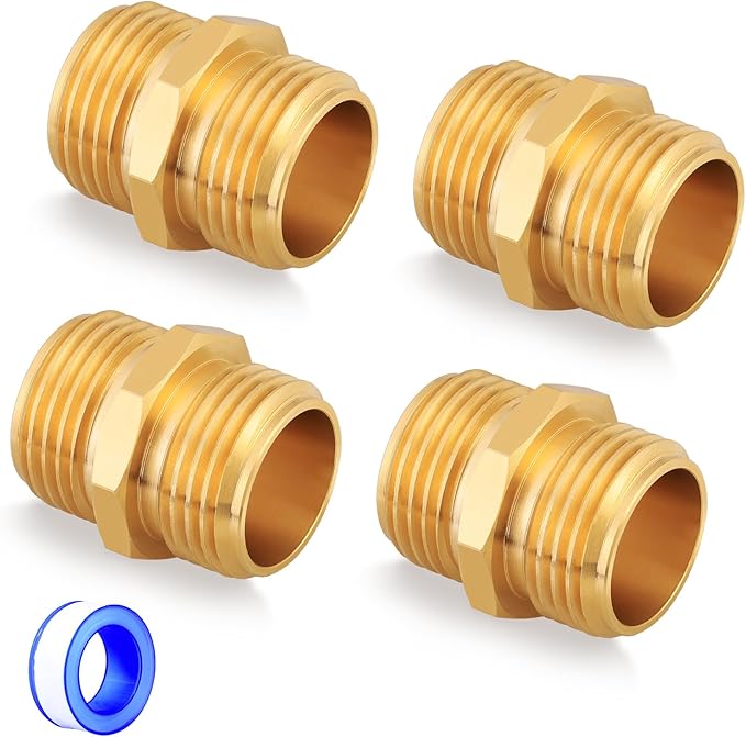 UNWAVER Solid Brass Garden Hose Fittings Male Connectors Adapter Heavy Duty Brass Double Male Faucet Leader Coupler Dual Water Hose Connector(3/4" GHT) 4 Pcs
