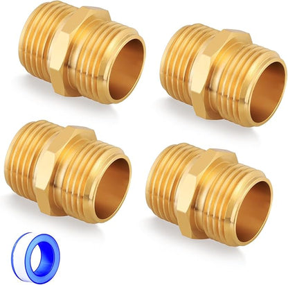 UNWAVER Solid Brass Garden Hose Fittings Male Connectors Adapter Heavy Duty Brass Double Male Faucet Leader Coupler Dual Water Hose Connector(3/4" GHT) 4 Pcs
