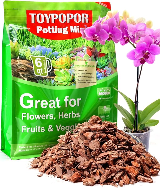 TOYPOPOR Orchid Potting Mix, (6 Quarts)Orchid Bark With Perlite, Potting Soil Medium for Plant Indoor, Pine Bark Wood Chips for Houseplant Fast Drainage, Water Retention, Air Flow and Root Ventilation