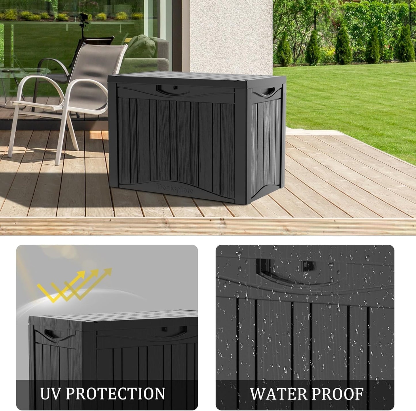 TARKARI 45 Gallon Lockable Resin Deck Box, Waterproof & UV-Resistant Outdoor Storage Box for Outdoor Cushion Storage, Garden Tools & Pool Accessories Storage, Black