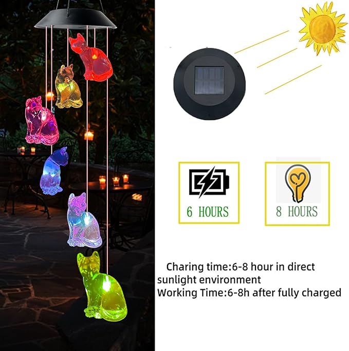 Cat Wind Chimes, Solar Cat Lights for Outside, Gifts for Cats Lovers, Birthday Gifts for Women, Mom, Ded, Grandma, Garden Lawn Yard Outdoor Decor Mobiles Wind Chime, Cats Themed Gift