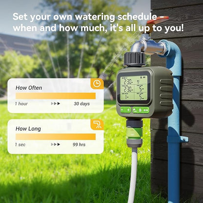Sprinkler Timer, Programmable Water Timer for Garden Hose, Outdoor Hose Faucet Timed with 4 Plans/Rain Delay/Automatic Watering System, Digital Irrigation for Yard, Lawn, 1 Outlet with 2-Way Splitter
