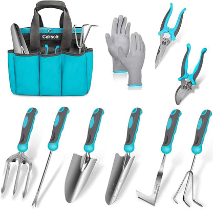 Gardening Tools, Carsolt 10 Piece Heavy Duty Stainless Steel Garden Tools Set with Ergonomic Rubber Handle. Variety of Gardening Hand Tools with Gift Box Ideal Garden Gifts for Women