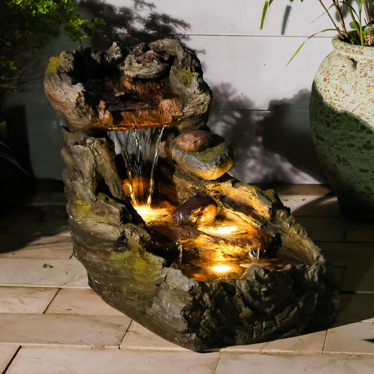 32.5" L Garden Outdoor Water Fountain, Floor Standing Cascading Realistic Tree Trunk Natural Waterfall Outdoor Fountains with LED Lights for Patio, Porch, Home Art Decor
