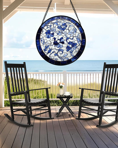 Stained Glass Window Hanging, Blue and White Abstract Flowers Sun Catcher for Door Home Decor Suncatcher Christmas Mother's Day Birthday Gifts for Women Men Mom and Nana 6.3 in