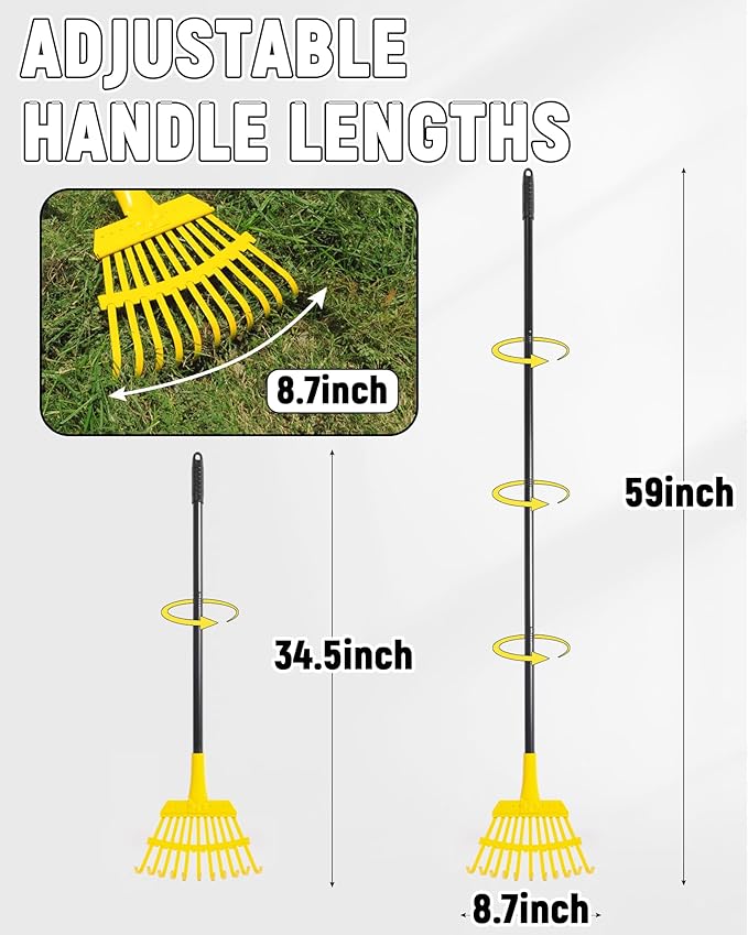 Garden Leaf Rake, 8.7” Wide Metal Rake with 11 Teeth, 59" Adjustable Long Handle, Heavy Duty Lightweight Leaf Rakes for Small Lawn Yard Shrub,Tight Spot Garden Bed Leaf Debris Picking Cleaning