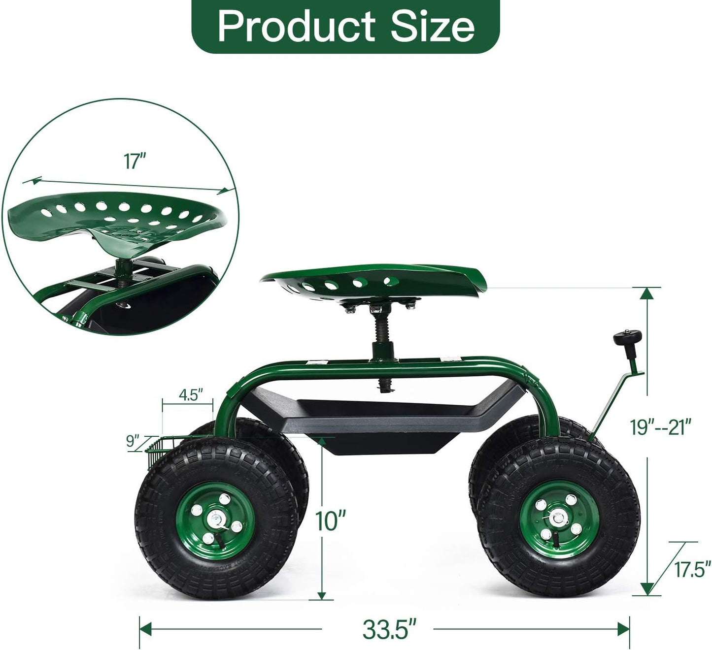 Giantex Garden Cart with Seat, Rolling Garden Seat with Wheels, Tools Basket, 360 Swivel Gardening Workseat, Adjustable Height, Wagon Scooter for Patio Lawn Yard, Outdoor Steerable Stool (Green)