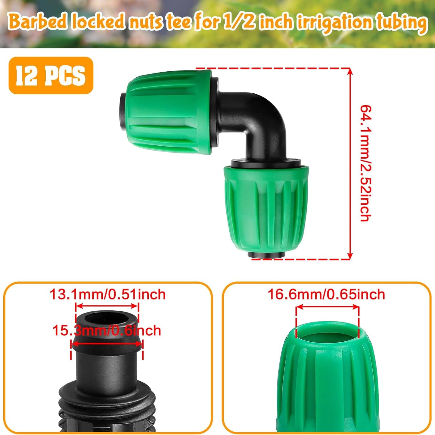 Drip Irrigation 1/2" Elbow Fittings：1/2 Inch Drip Line Lock Barbed 90 Degree Elbow Connectors for Drip Irrigation Tubing (1/2" ID x 0.640" OD) Anti-Drop Drip Irrigation Parts (12 Pieces)