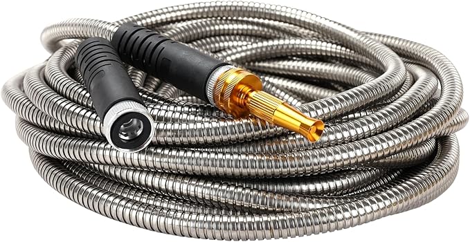 Melnor 97051AMZ XT Stainless Steel Garden Hose 5/8" x 50ft - Kink-Free - Lightweight - Rubberized Grips - Metal Twist Nozzle - Ultra Durable - Silver/Black