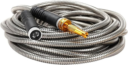 Melnor 97051AMZ XT Stainless Steel Garden Hose 5/8" x 50ft - Kink-Free - Lightweight - Rubberized Grips - Metal Twist Nozzle - Ultra Durable - Silver/Black