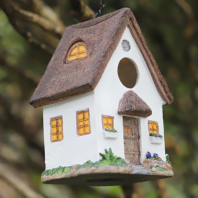 Rustic Cottage Birdhouse with Thatch Roof – Hand-Painted Resin Outdoor Bird House for Small Birds, Weatherproof Garden Decor for Backyard or Patio