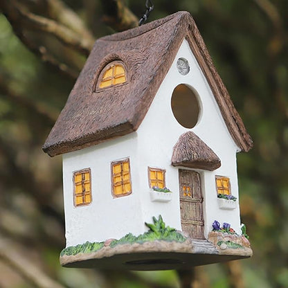 Rustic Cottage Birdhouse with Thatch Roof – Hand-Painted Resin Outdoor Bird House for Small Birds, Weatherproof Garden Decor for Backyard or Patio