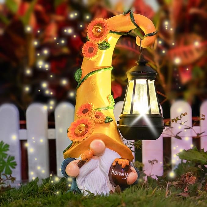 Thanksgiving Decorations for Home Porch 12" Solar Sunflower Gnome Garden Statues Honey Bee Jar Decor with LED Lantern Outdoor Gnomes Decorations Patio Yard Balcony Art Birthday Gifts for Mom Grandma