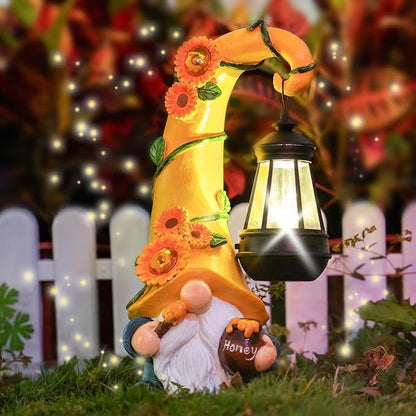 Thanksgiving Decorations for Home Porch 12" Solar Sunflower Gnome Garden Statues Honey Bee Jar Decor with LED Lantern Outdoor Gnomes Decorations Patio Yard Balcony Art Birthday Gifts for Mom Grandma