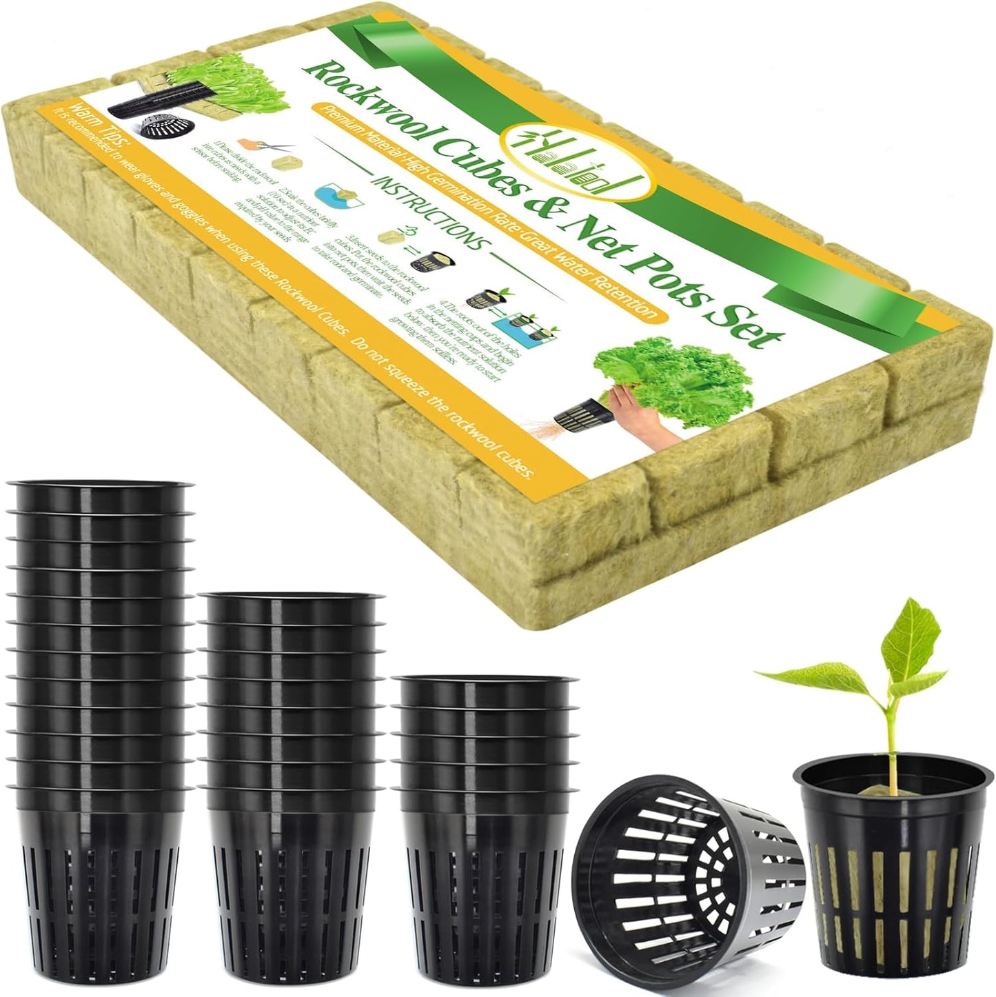 Halatool 36PCS 1.2-Inch Rockwool Cubes with 30PCS 2-Inch Net Cups for Hydroponics Great Hydroponic Kit for Cuttings Clone Plant Propagation Seed Starting & Soilless Cultivation