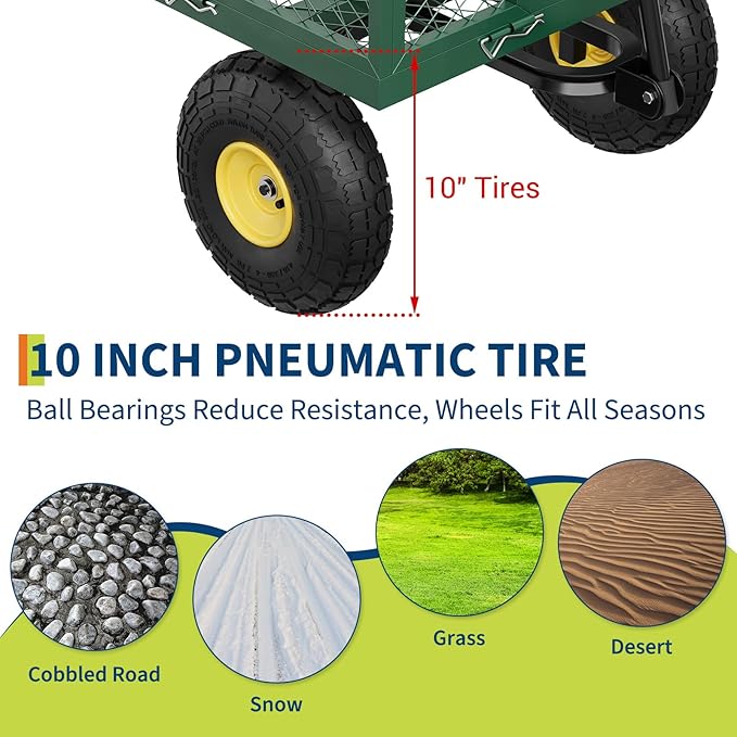 GarveeLife 900 LBS Garden Cart with Removable Mesh Sides, Heavy Duty Steel Garden Wagon with Adjustable Handles & 10 in Pneumatic Tires, Utility Wagon for Lawn Camping Farm Yard, Green+Black