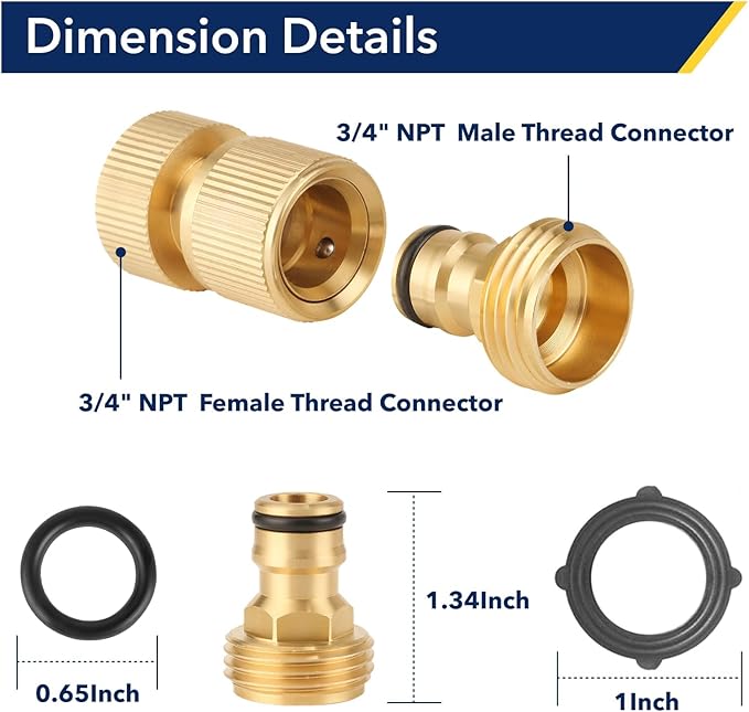 Garden Hose Quick Connector, 3/4 Inch GHT Thread Quick Connect Kit, Solid Brass Water Hose Fittings with Female Adapter and Male Adapter（4pcs）