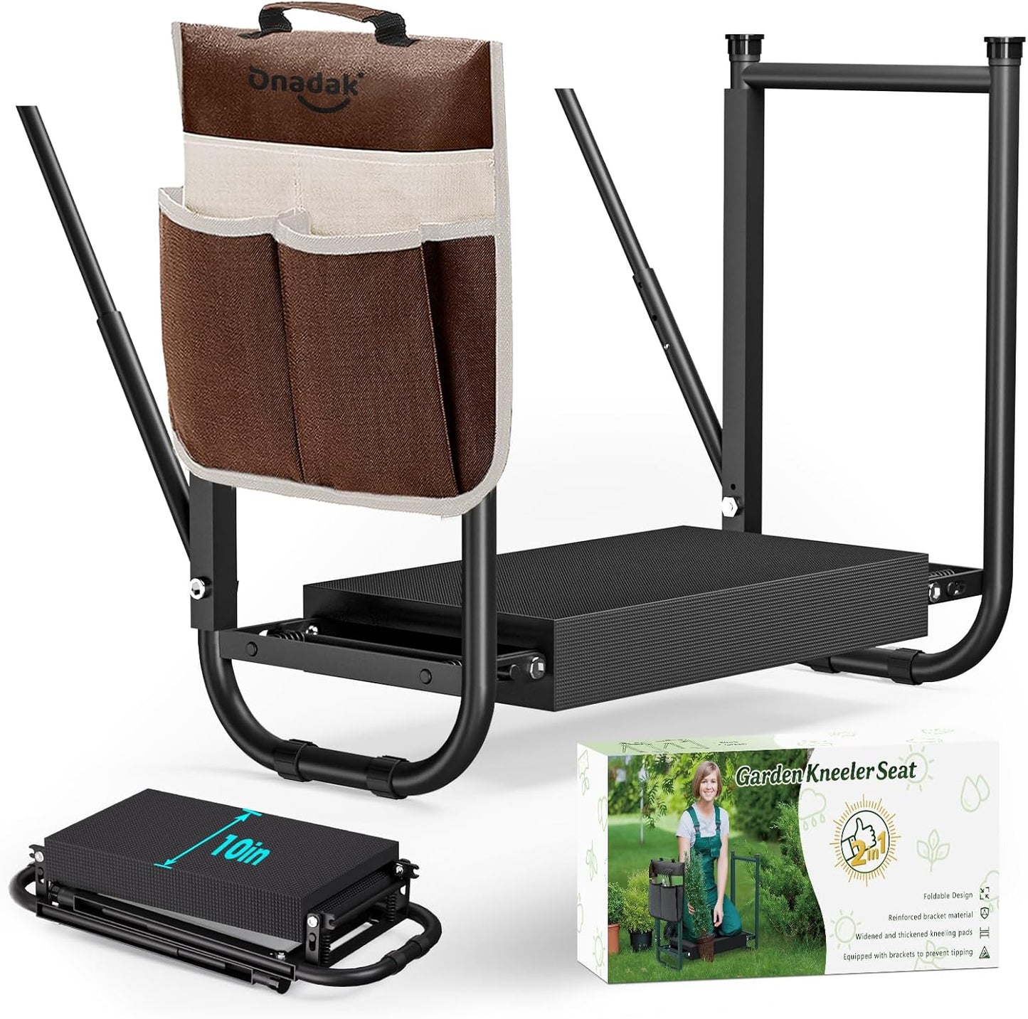 Heavy Duty Garden Kneeler and Seat for Elderly, 400lbs Capacity Foldable Gardening Stool with Support Legs & Thick Pad, Includes Large Tool Organizer Bag, Black