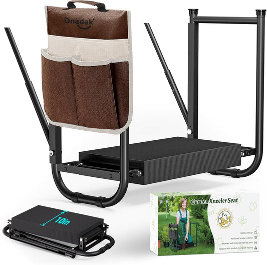 Heavy Duty Garden Kneeler and Seat for Elderly, 400lbs Capacity Foldable Gardening Stool with Support Legs & Thick Pad, Includes Large Tool Organizer Bag, Black