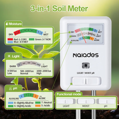Professional 3-in-1 Soil Tester - Moisture/Light/pH Meter with Lab-Calibrated Probes, 90° Rotatable Display for Indoor/Outdoor Plants (Battery-Free) (White)