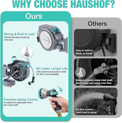 HAUSHOF Retractable Garden Hose Reel 1/2” x 130 ft, Auto-Lock at Any Length, Slow Return System, Wall Mounted and 180° Swivel Bracket for Outside Water