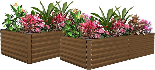 FOOWIN 2pcs 8x4x2ft Galvanized Raised Garden Bed, Planter Raised Garden Boxes Outdoor, Large Metal Raised Beds for Gardening, Garden Bed for Vegetables, Flowers, Herb,478 Gallon Capacity, Brown
