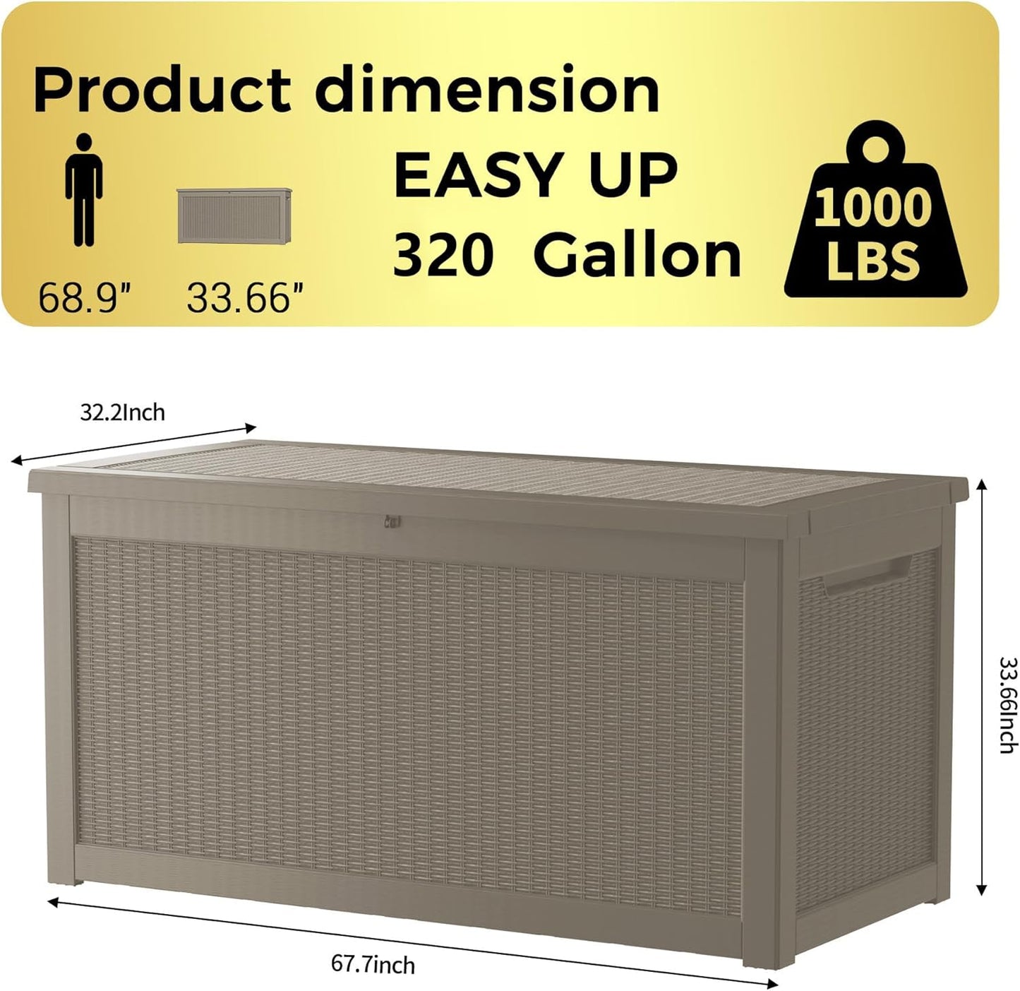 TARKARI 320 Gallon Lockable Resin Deck Box, Waterproof & UV-Resistant Outdoor Storage Box for Outdoor Cushion Storage, Garden Tools & Pool Accessories Storage, Gray