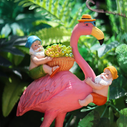 Gnomes Flamingo Garden Statue – Resin Sculpture for Yard, Patio or Lawn Decor – Funny Garden Gnome Gift for Mom, Women, Friends (No Lights)