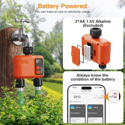 WiFi Water Timer for Garden Hose with 984 ft Range,Smart 2- Zone Sprinkler Timer, APP & Remote Control, Voice Control,Rain Delay, Manual Mode Sprinkler System, Lawn Sprinklers for Yard Large Area