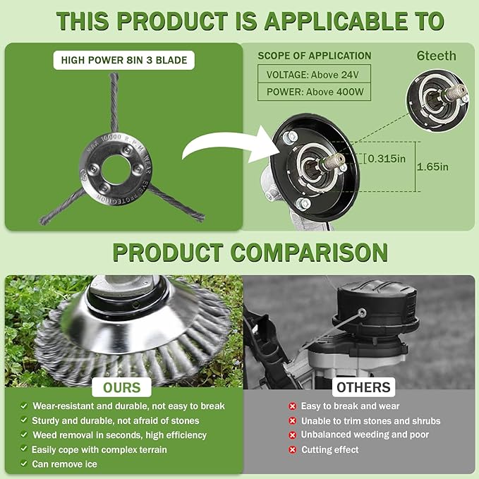 Steel Wire Grass Trimmer Head, Upgrade Bold 2.3 Times Steel Wire Weed Eater Head, for High-Power Lithium-Ion and Gasoline Weed Cutters, with Adapter, Wire Weed Trimmer Head（High Power 8In 3 Blade）