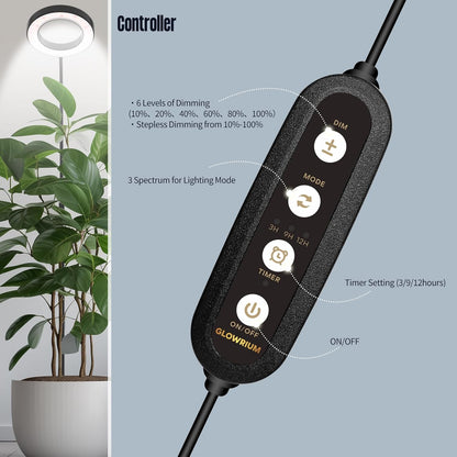 GLOWRIUM Grow Lights for Indoor Plants,20W Full Spectrum LED Plant Light with Stand,Adjustable Height,3/9/12H Timer,6 Dimmable Levels & 3 Lighting Modes (Black-Single Head)