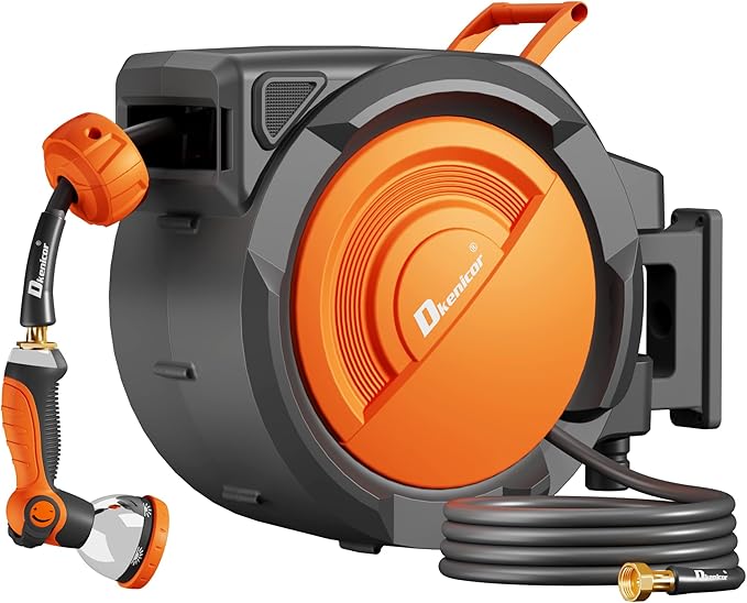 1/2" x 150 ft Retractable Hose Reel, Heavy Duty Retractable Garden Hose Reel Wall Mounted with 10-Pattern Hose Nozzle/Any Length Lock/Slow Return System/180°Swivel Bracket,Orange