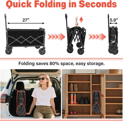 Wagons Carts Foldable,360 lbs Collapsible Wagon with Wheels Foldable Wagon Cart with Flexible Handle,Lightweight Portable Folding Cart for Camping Beach Picinic Grocery Sports Shopping Classic Black