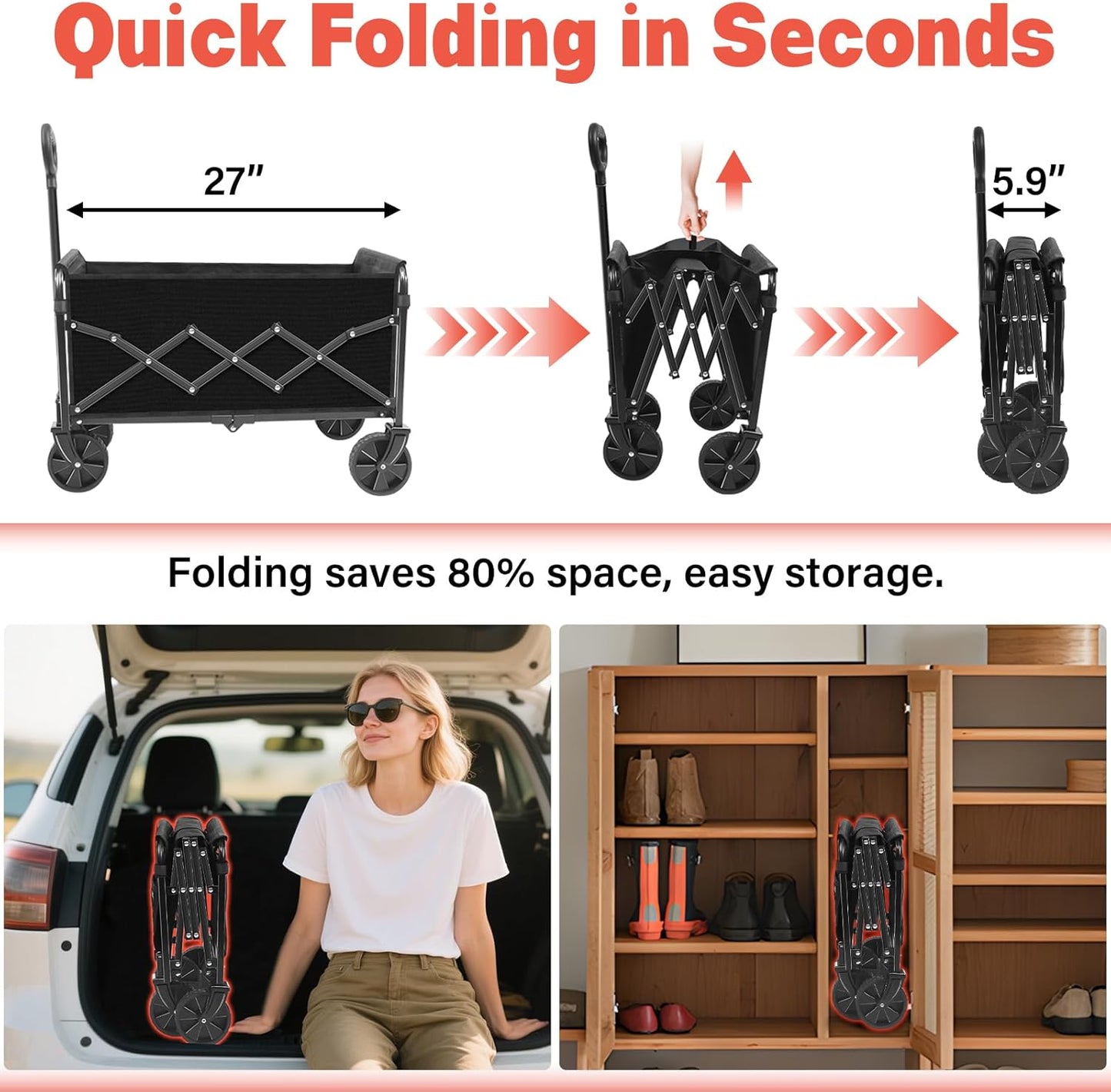 Wagons Carts Foldable,360 lbs Collapsible Wagon with Wheels Foldable Wagon Cart with Flexible Handle,Lightweight Portable Folding Cart for Camping Beach Picinic Grocery Outdoor Sports Shopping(Black)