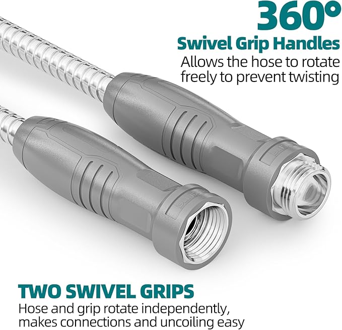 SPECILITE Stainless Steel Garden Water Hose 100 ft with Swivel Handle, Lightweight & Flexible Pipe with Heavy Duty Nozzle for Yard, Outdoor, Lawn