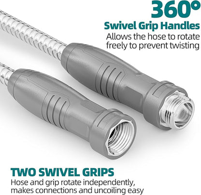 SPECILITE Stainless Steel Garden Water Hose 100 ft with Swivel Handle, Lightweight & Flexible Pipe with Heavy Duty Nozzle for Yard, Outdoor, Lawn