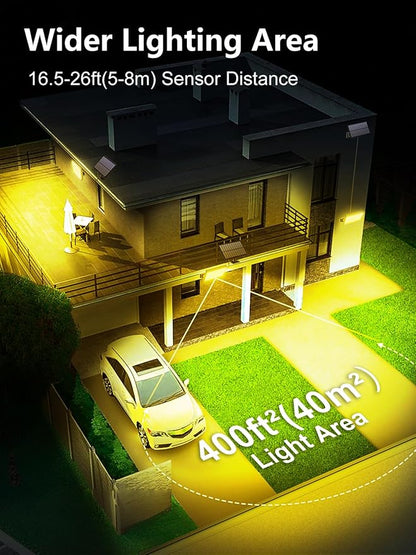400LED Solar Lights Outdoor Waterproof, 3 Modes & Remote Control Motion Sensor Outdoor Light, Solar Flood Lights with 16.4ft Cable for Garden, Garage, Patio, Pathway (Warm Yellow 2 Pack)