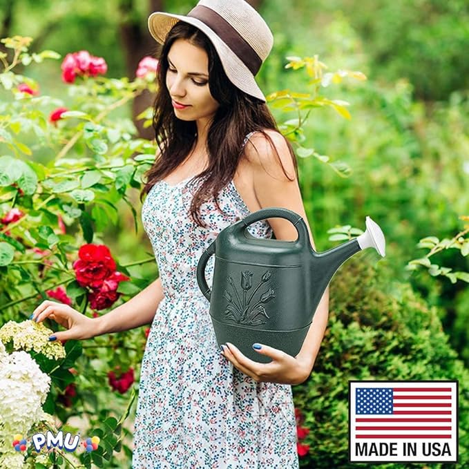PMU 2 Gallon Watering Can - Garden Watering Can for Indoor & Outdoor Plants - Plastic Water Can with Detachable Sprinkler Head - Large Water Pot, Made in USA - Hunter Green Pkg/3