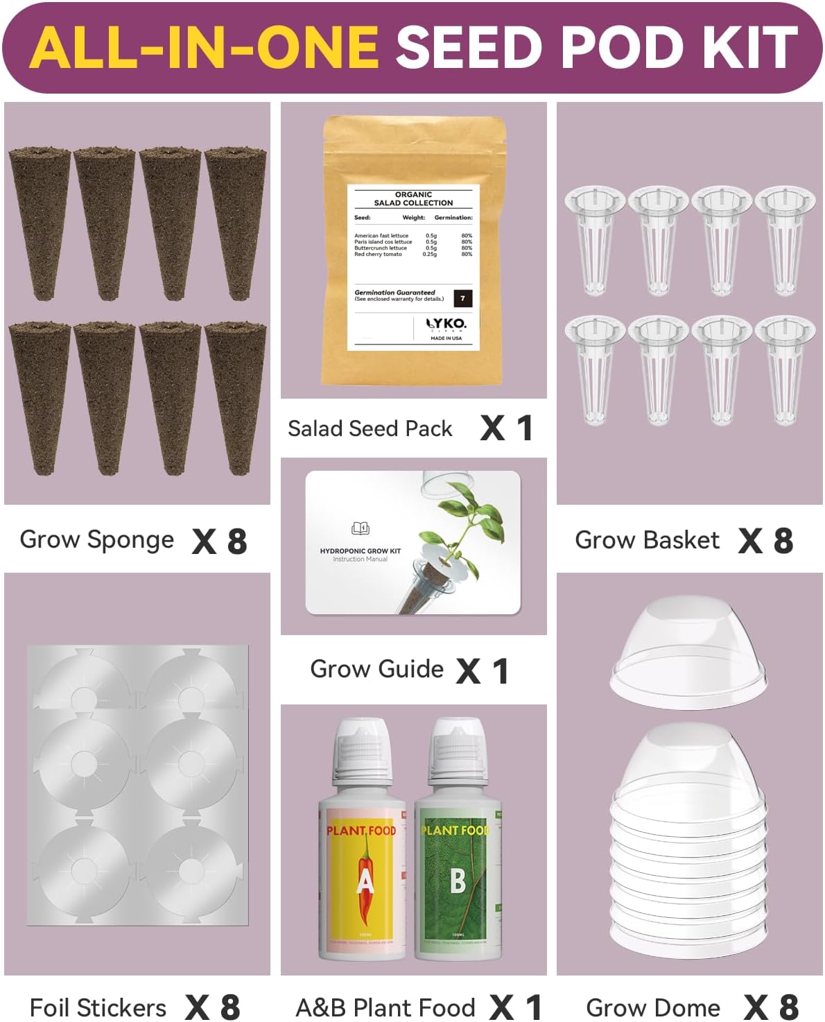 Salad Seed Pod Kits for AeroGarden, 8-Pods iDOO Hydroponics Growing System Herb Garden, Including American Fast Lettuce, Buttercrunch Lettuce, Red Cherry Tomato, 400+ Seeds