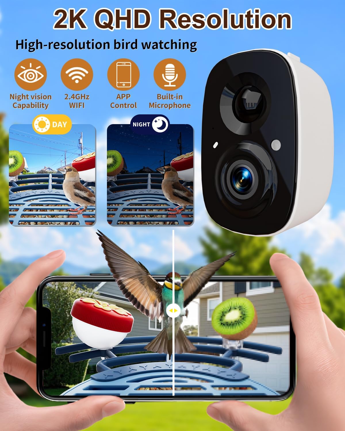 Smart Bird Feeder with 2K Camera, Solar Powered Wireless Birds House with APP Control, Night Vision, Motion Detection Alerts, IP66 Outdoor Birdfeeder for Backyard Garden Bird Watching,Blue
