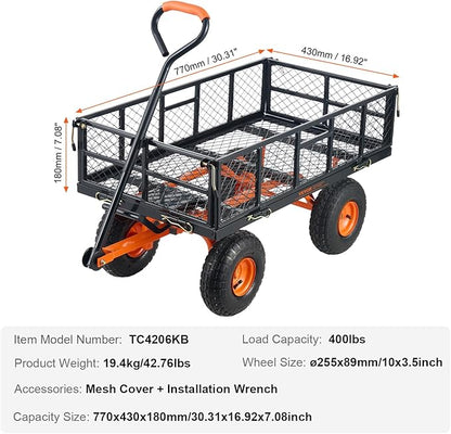 VEVOR 400lbs Steel Garden Dump Cart, Heavy Duty Garden Wagon Yard Dump Wagon with Removable Sides, Convert to Flatbed, Utility Liner, 10in All Terrain Wheels