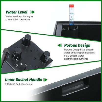 GarveeLife 16 in Tall Planters Set of 2, Outdoor＆Indoor Black Planter Pots, High Front Porch Planter Pots with Drainage Holes＆Water Level Monitor＆Inner Bucket, Automatic Watering,Black