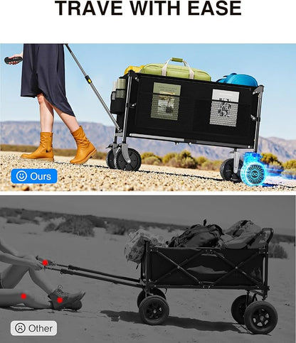 Electric Utility Wagon Cart–330 lb Load, 180 L Foldable Beach Wagon with Remote, 4-Speed, All-Terrain Wheels for Camping, Beach, Garden & Shopping, Black