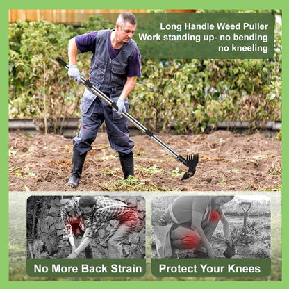 Weed Puller Tool with Long Handle, 60inch Manual Weeder Remover Tool, Stainless Steel 2 in 1 Hand Weed Rake for Gardening, Heavy Duty Uprooting Weeding Pull for Garden, Lawn,Yard, Patio