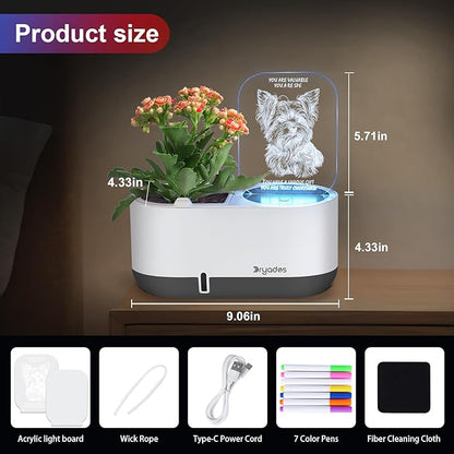 Self-Watering Plant Pot with LED Note Board & 7 Colors Pen, Led Acrylic Message Board with Plant Pot,Dog Board Night Light with Planting Pot for Room/Store/Office (No Plant&Seed)